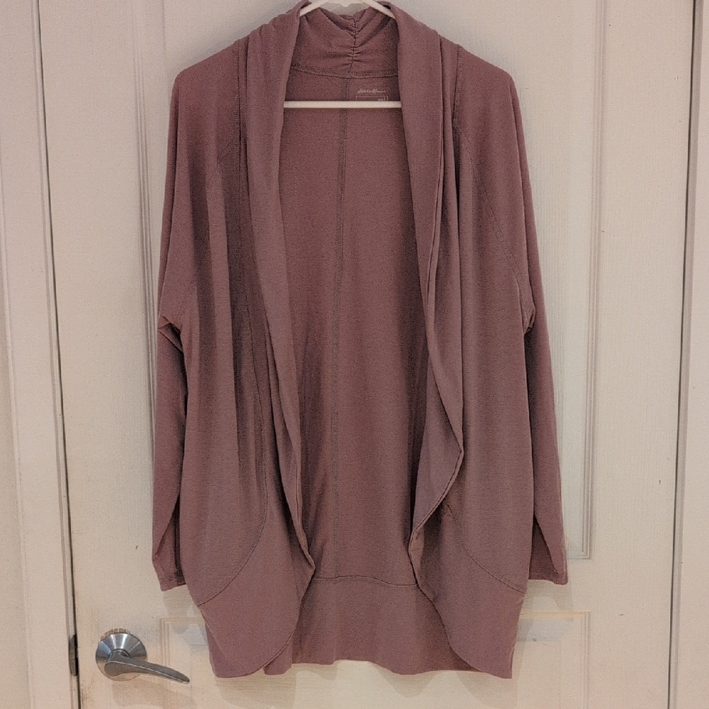 Eddie Bauer Soft Mauve Draped Cardigan – Cozy Minimal Luxe, Effortless Layer (L)